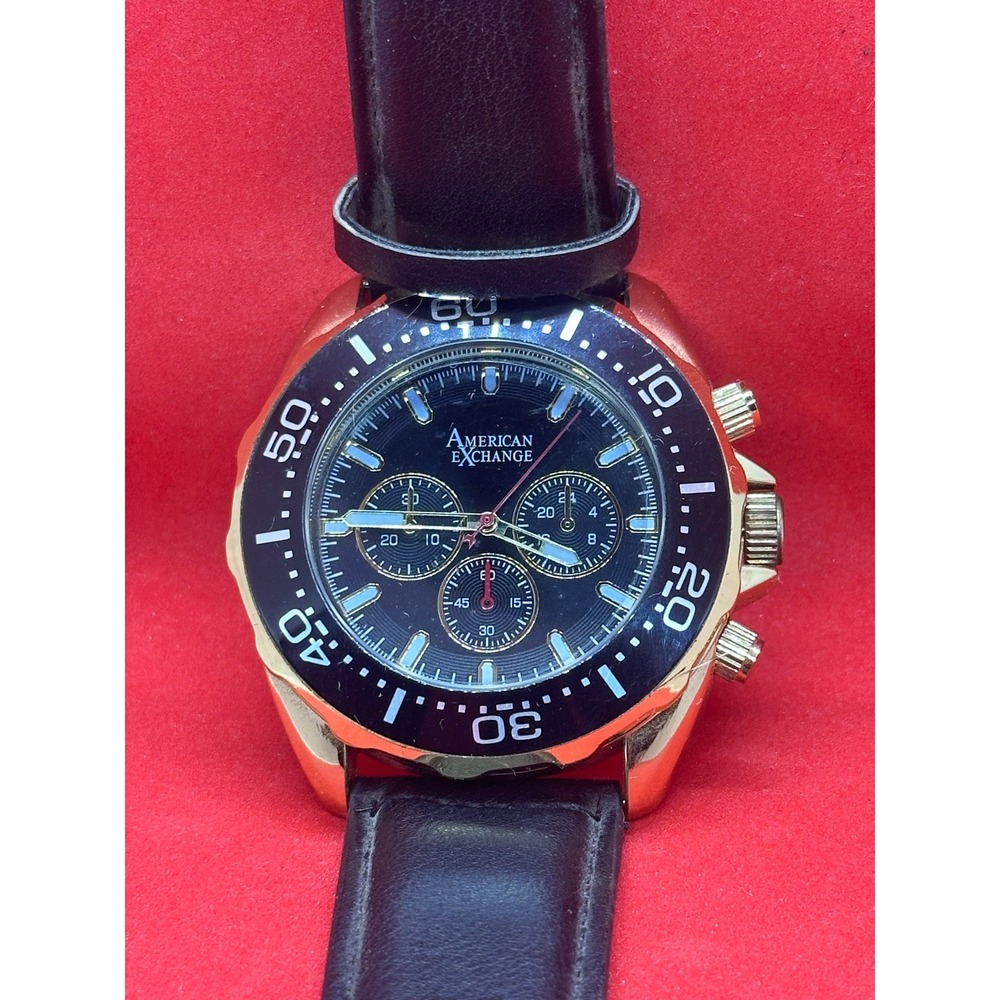 American Exchange Mens Gold Tone Chronograph Style Watch Black Leather Strap - Picture 7 of 14